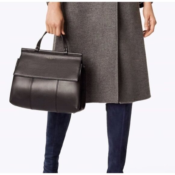 Tory Burch Large Block T Satchel Bag Black Leather - Picture 1 of 14